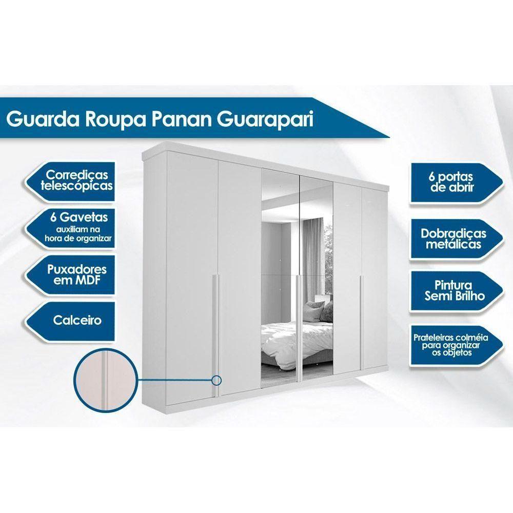 Guarda Roupa Casal 6 Portas e 6 Gavetas c/ Espelho Guarapari Branco - Panan - 2