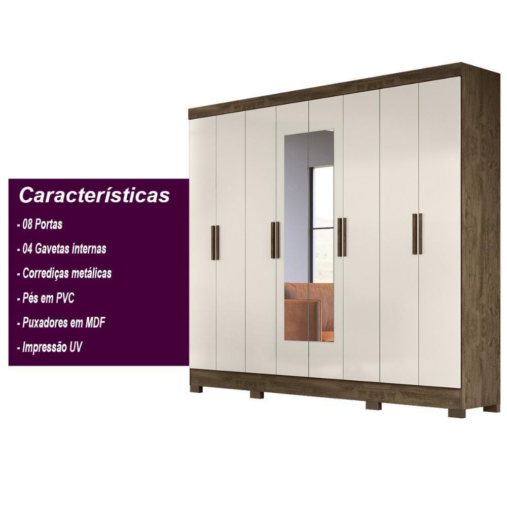 Guarda Roupa Casal Com 8 Portas Com Espelho 4 Gavetas Castanho Wood / Baunilha Diplomata - Moval - 2