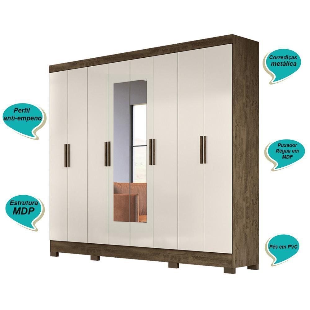 Guarda Roupa Casal Com 8 Portas Com Espelho 4 Gavetas Castanho Wood / Baunilha Diplomata - Moval - 3
