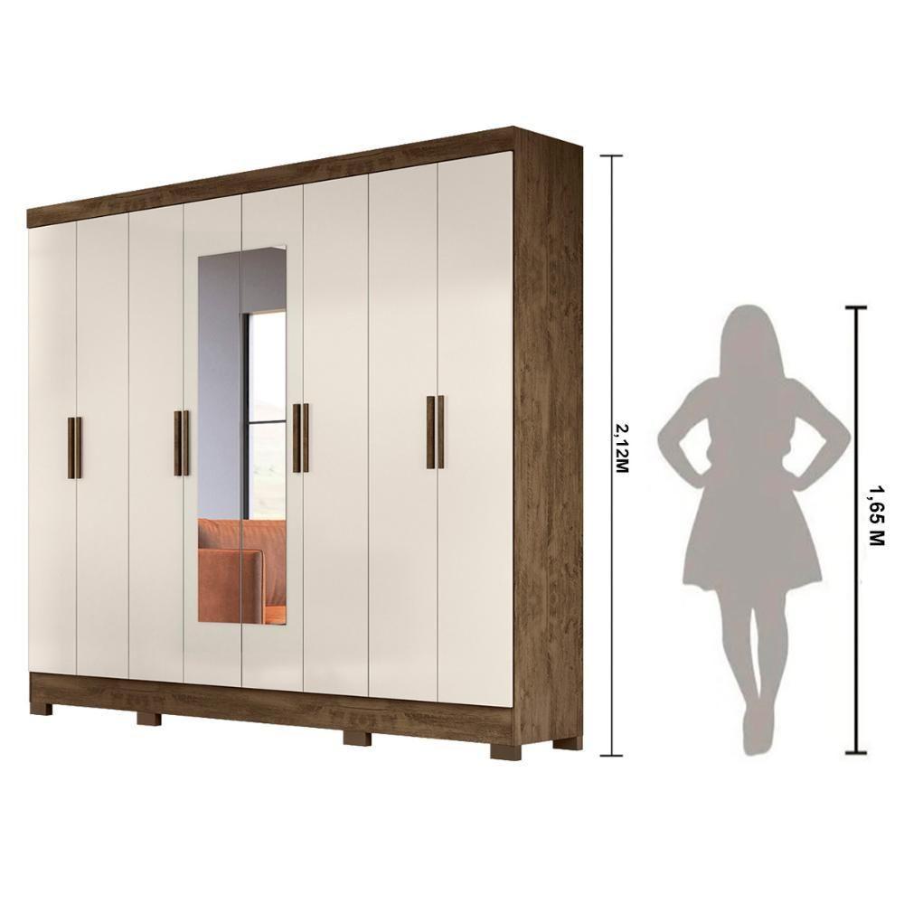 Guarda Roupa Casal Com 8 Portas Com Espelho 4 Gavetas Castanho Wood / Baunilha Diplomata - Moval - 5