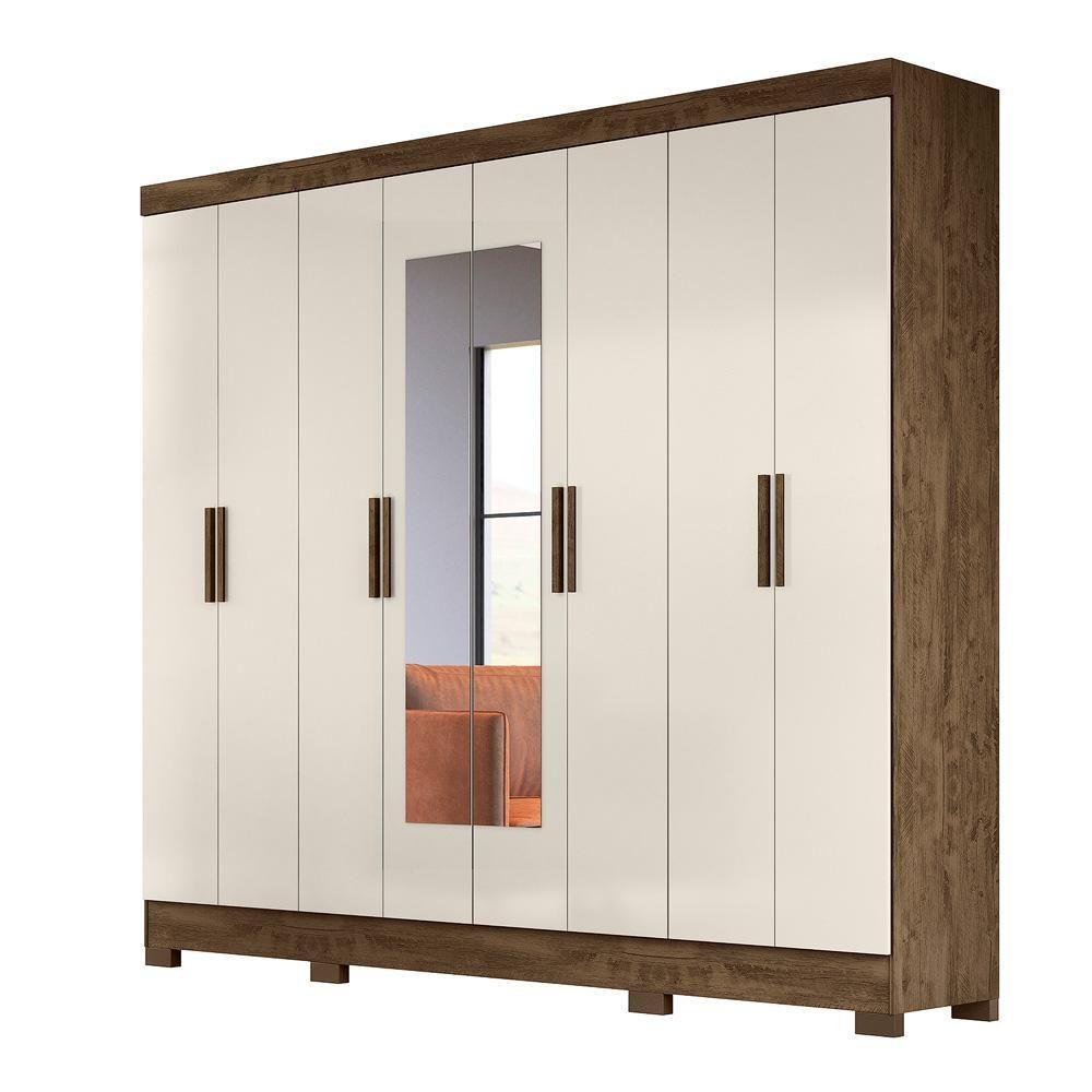 Guarda Roupa Casal Com 8 Portas Com Espelho 4 Gavetas Castanho Wood / Baunilha Diplomata - Moval - 6