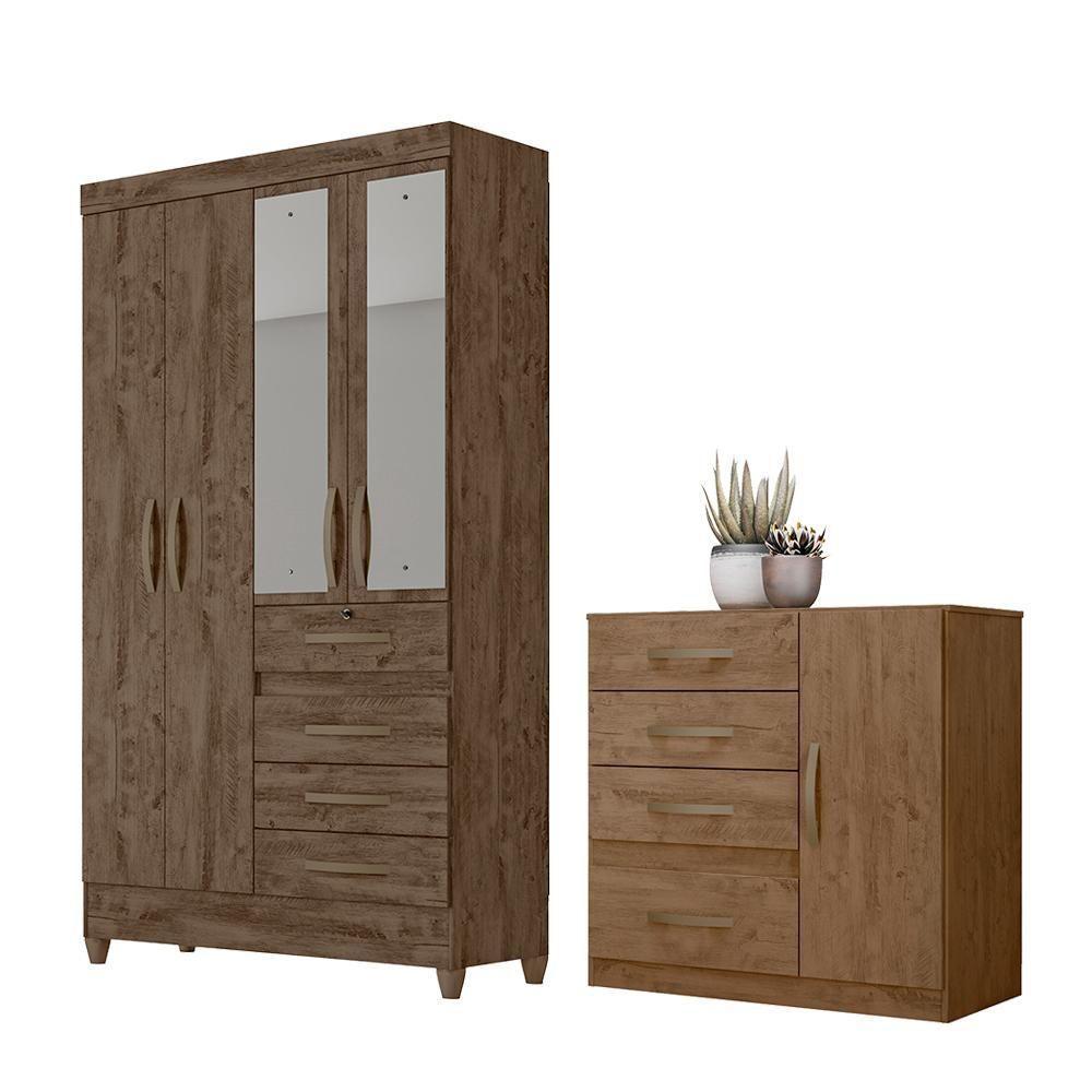 Conjunto Guarda Roupa Com Espelho E Cômoda Seicheles Castanho Wood - 1