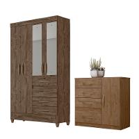 Conjunto Guarda Roupa Com Espelho E Cômoda Seicheles Castanho Wood - 1