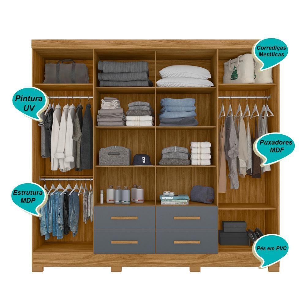 Guarda Roupa Casal 8 Portas Espelho 4 Gavetas San Lorenzo Plus - Freijó / Cinza Freijó / Cinza - 5