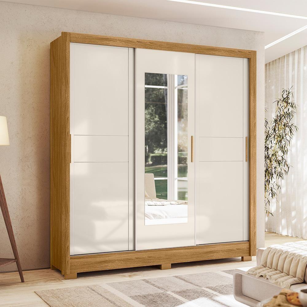 Guarda Roupa Casal 3 Portas Deslizantes Com Espelho 2 Gavetas Bahamas - Freijó / Off White - 1