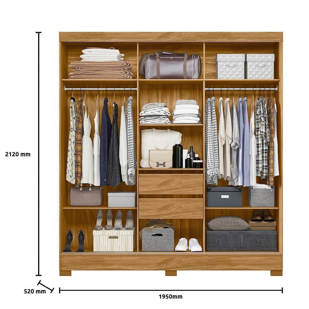 Guarda Roupa Casal 3 Portas Deslizantes Com Espelho 2 Gavetas Bahamas - Freijó / Off White - 6