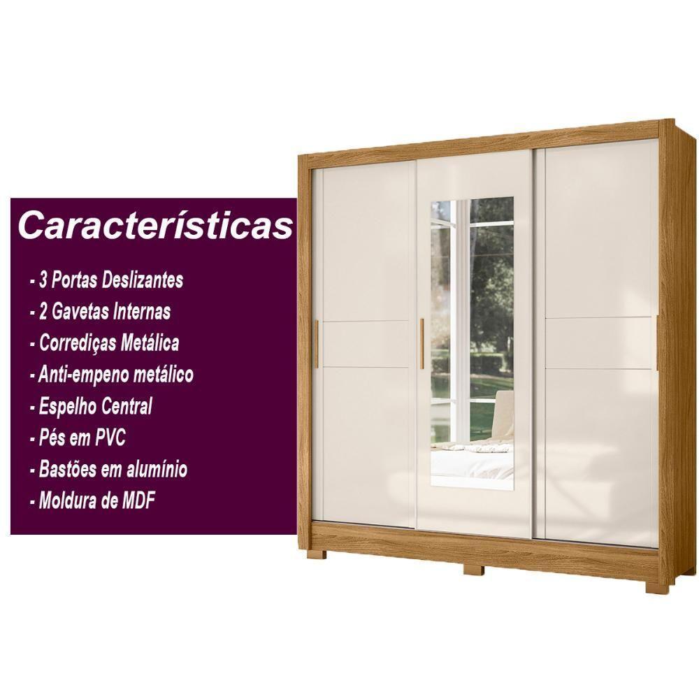 Guarda Roupa Casal 3 Portas Deslizantes Com Espelho 2 Gavetas Bahamas - Freijó / Off White - 7