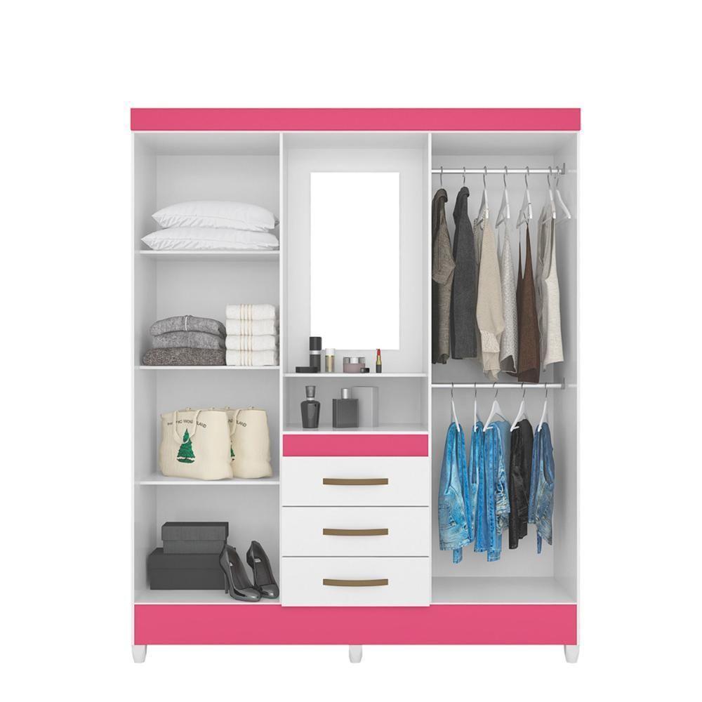 Guarda Roupa Casal 4 Portas Com Espelho 3 Gavetas Branco / Rosa Capri - Moval - 2