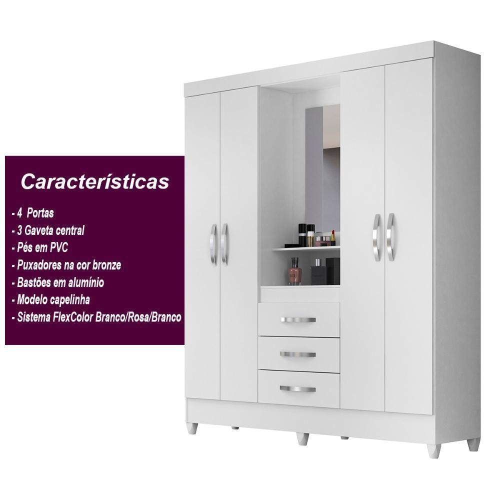 Guarda Roupa Casal 4 Portas Com Espelho 3 Gavetas Branco / Rosa Capri - Moval - 5