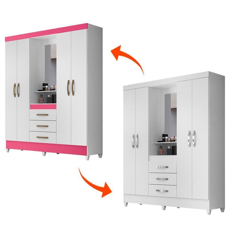 Guarda Roupa Casal 4 Portas Com Espelho 3 Gavetas Branco / Rosa Capri - Moval - 7