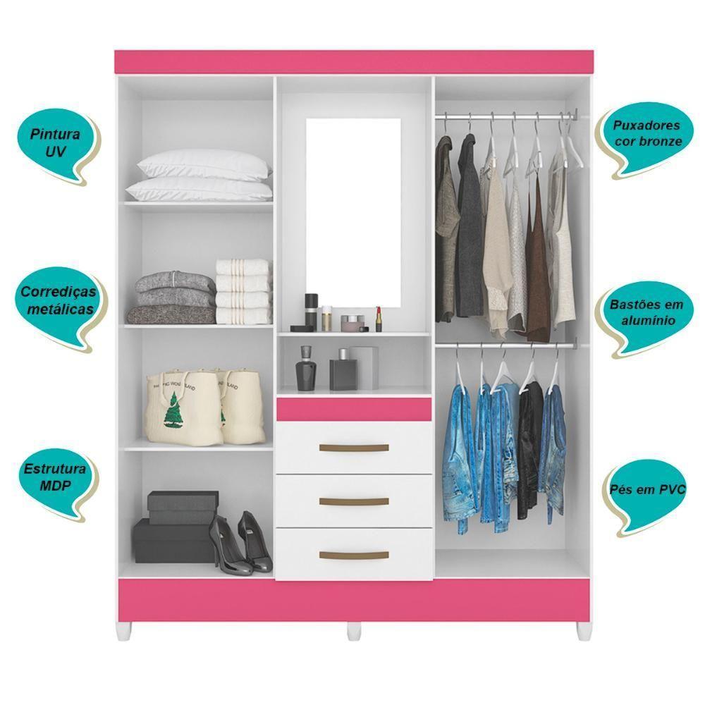 Guarda Roupa Casal 4 Portas Com Espelho 3 Gavetas Branco / Rosa Capri - Moval - 8
