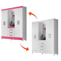 Guarda Roupa Casal 4 Portas Com Espelho 3 Gavetas Branco / Rosa Capri - Moval - 7