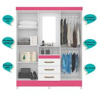Guarda Roupa Casal 4 Portas Com Espelho 3 Gavetas Branco / Rosa Capri - Moval - 8