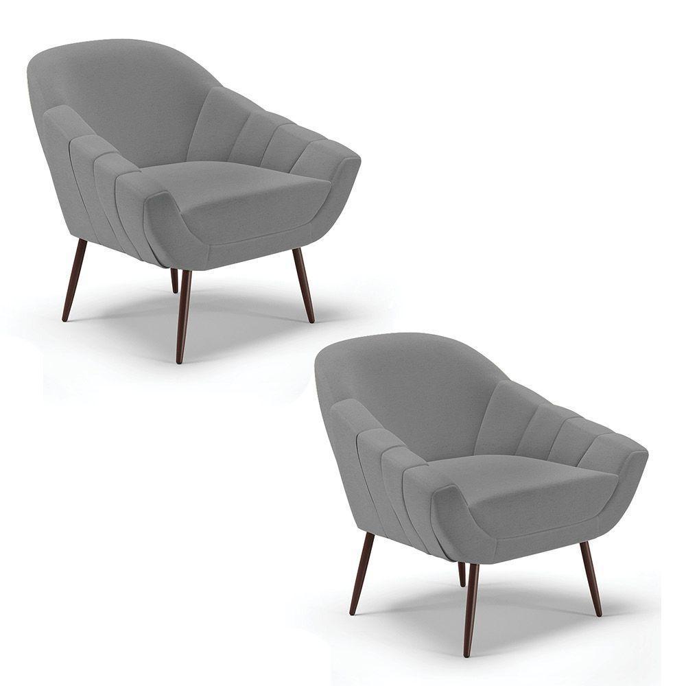 Kit 02 Poltronas Linho Pés Palito Ferro A26 Grafite - 1