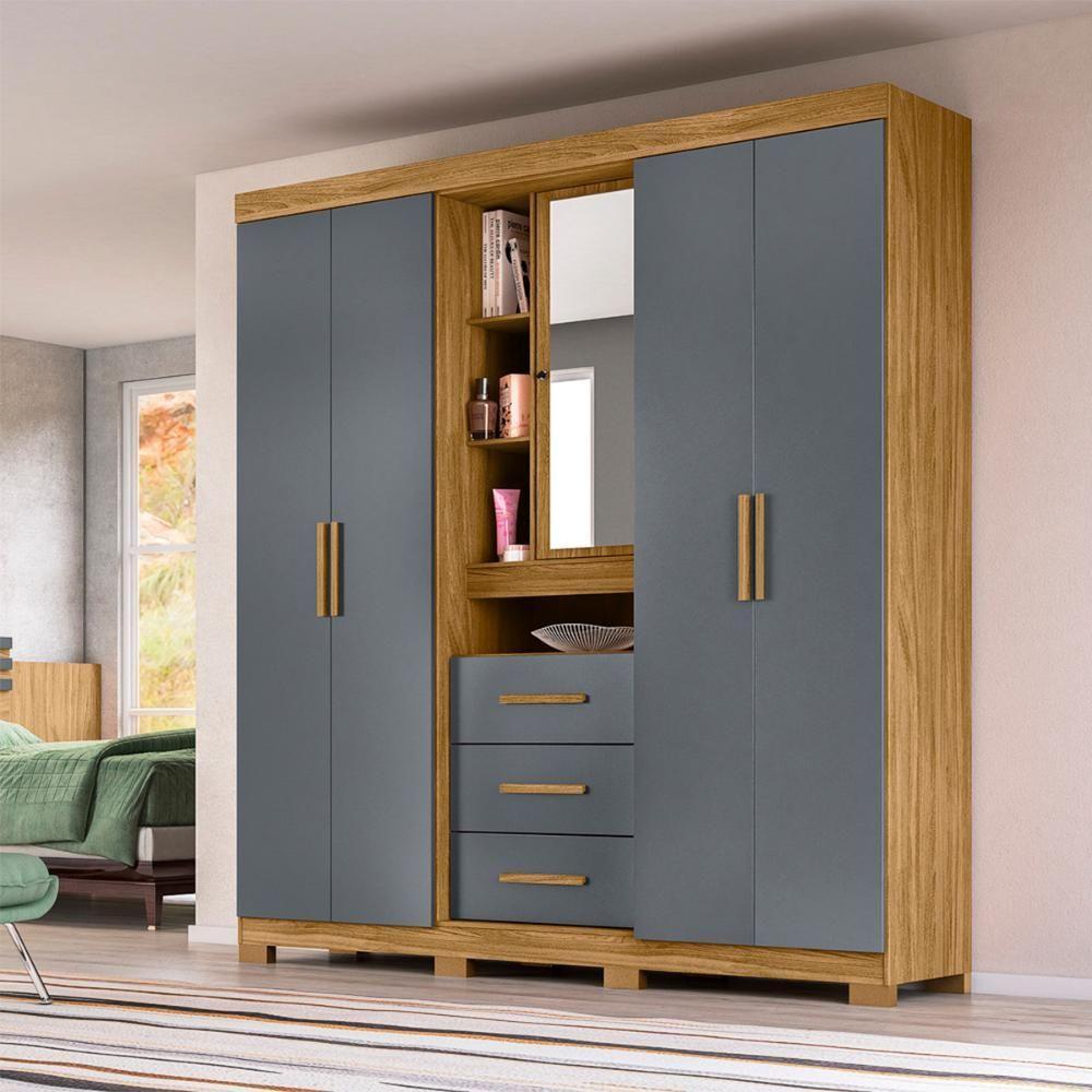 Guarda Roupa Casal 4 Portas Com Espelho E 3 Gavetas Eldorado - Freijó / Cinza Freijó / Cinza - 1