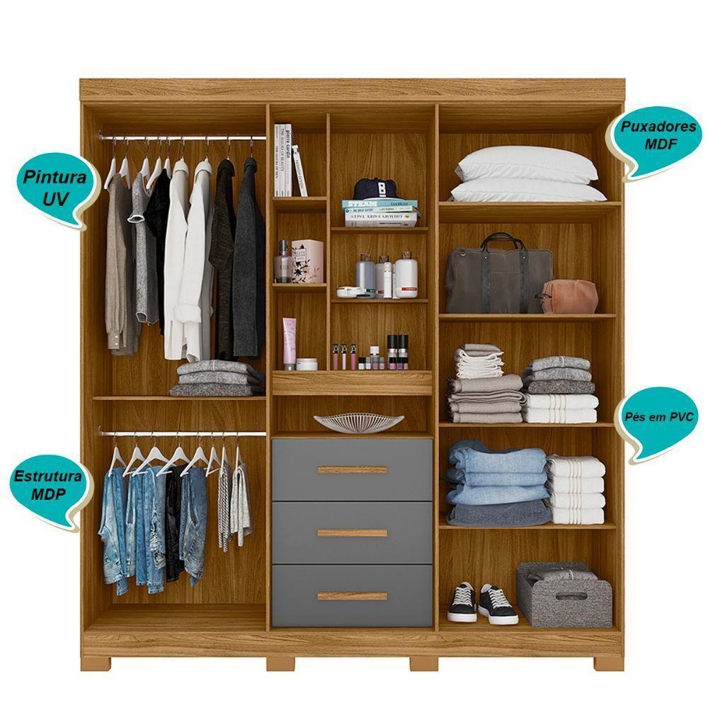 Guarda Roupa Casal 4 Portas Com Espelho E 3 Gavetas Eldorado - Freijó / Cinza Freijó / Cinza - 8