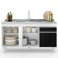 Balcão Gabinete Com Pia Inox 150cm 3 Portas 1 Gaveta Dakota Branco/preto - Lumil - 9