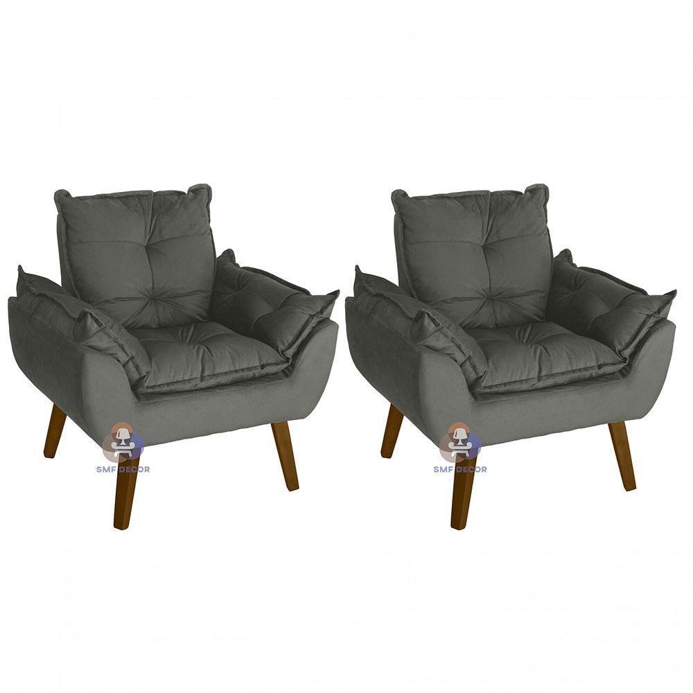 Kit 02 Poltrona Decorativa Opala Chumbo Com Fibra De Silicone E Pés Quadrado Smf Decor - 3