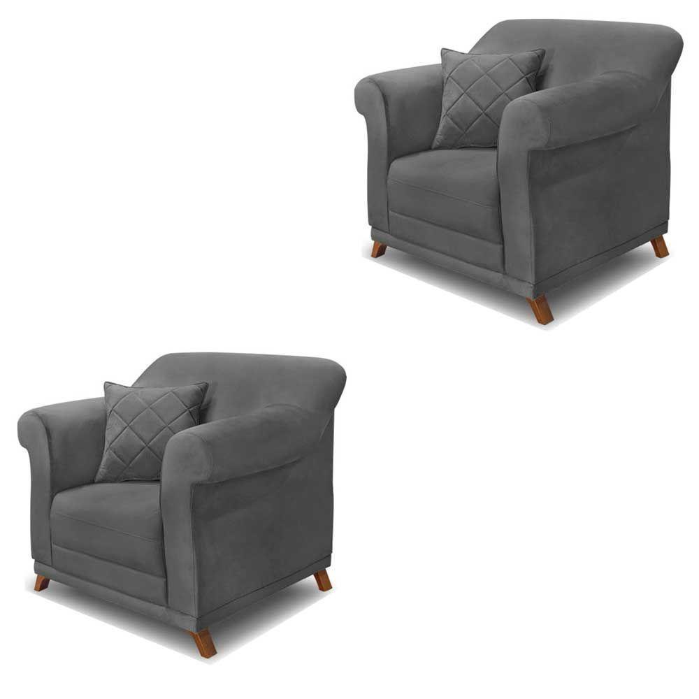Kit 2 Poltronas Decorativas C/2 Almofadas Suede Cinza - 1