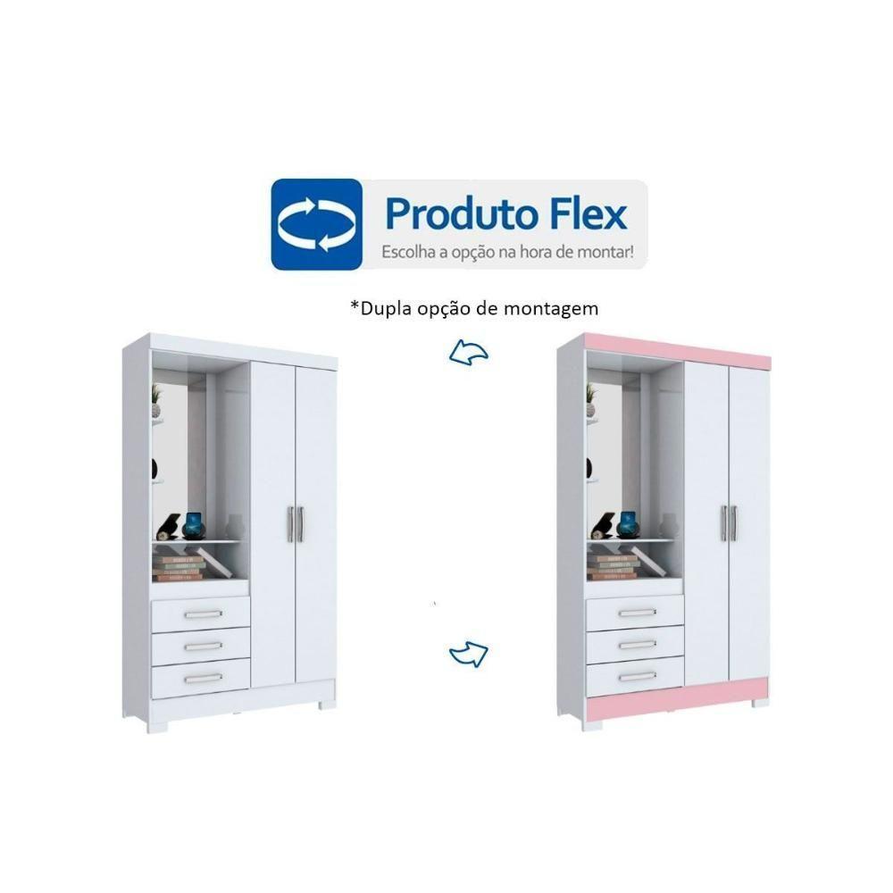 Guarda Roupa Solteiro 2 Portas e 3 Gavetas c/ Espelho Briz B64 Branco/Rosa - Henn - 3