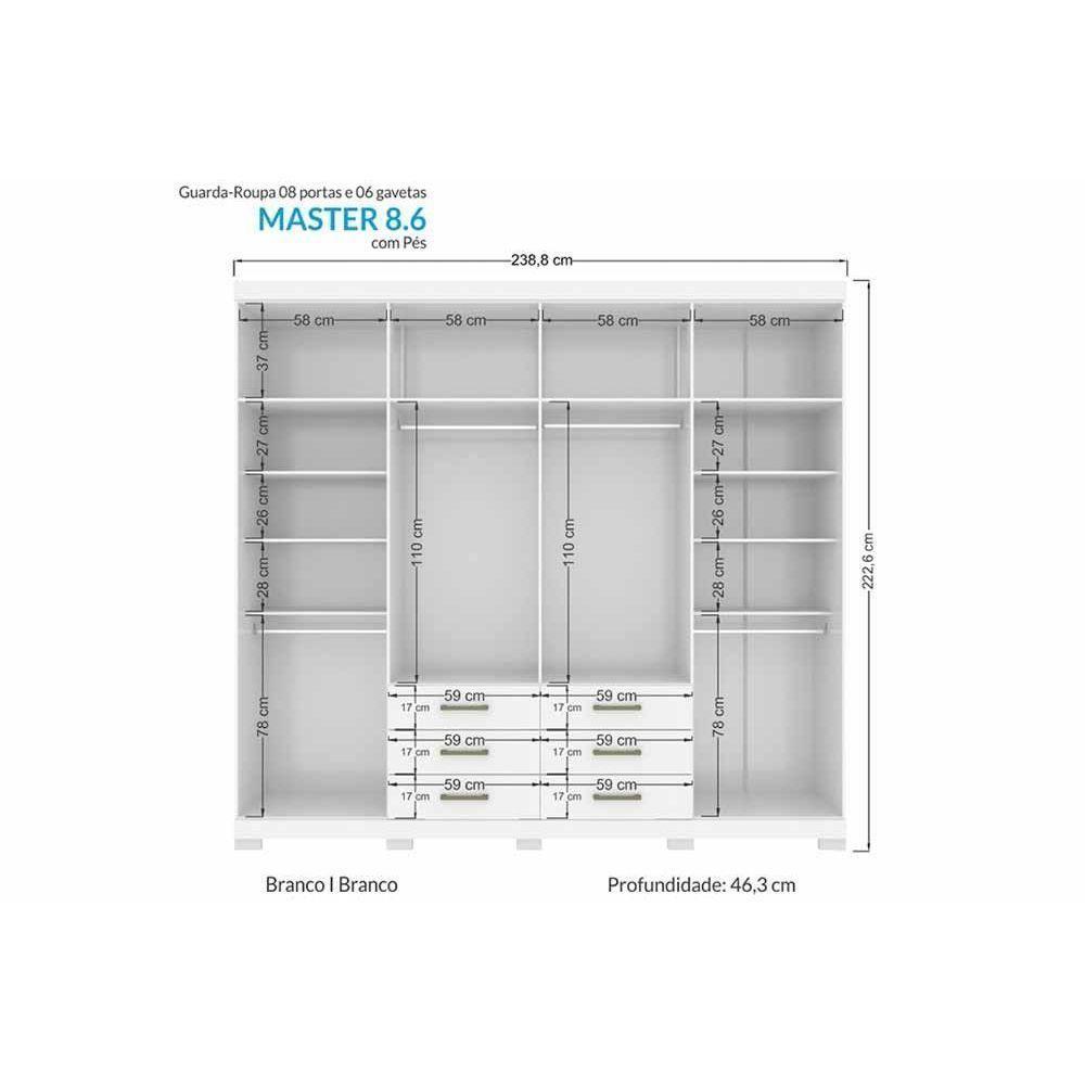 Guarda Roupa Casal 8 Portas e 6 Gavetas c/ Pés Master 8.6 Branco - Santos Andirá - 2