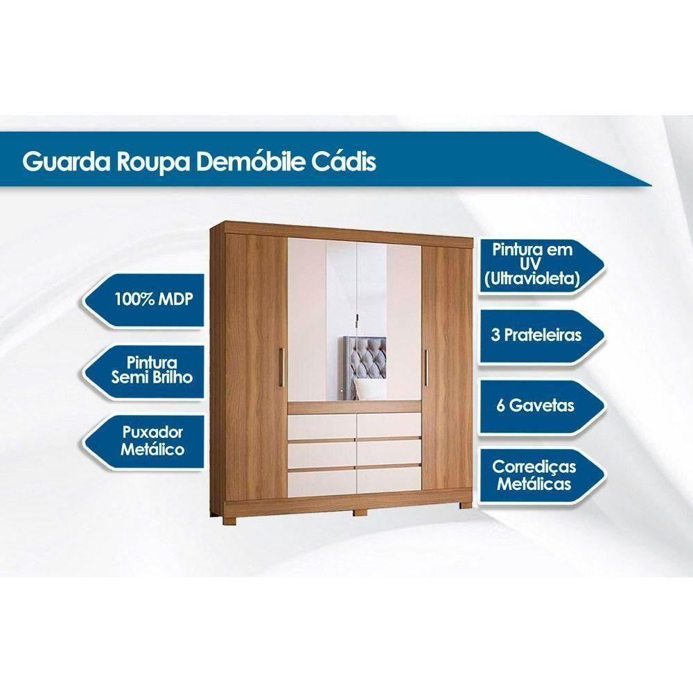 Guarda Roupa Casal 4 Portas e 6 Gavetas c/ Espelho Cádis Amêndola/Off White - Demóbile - 4