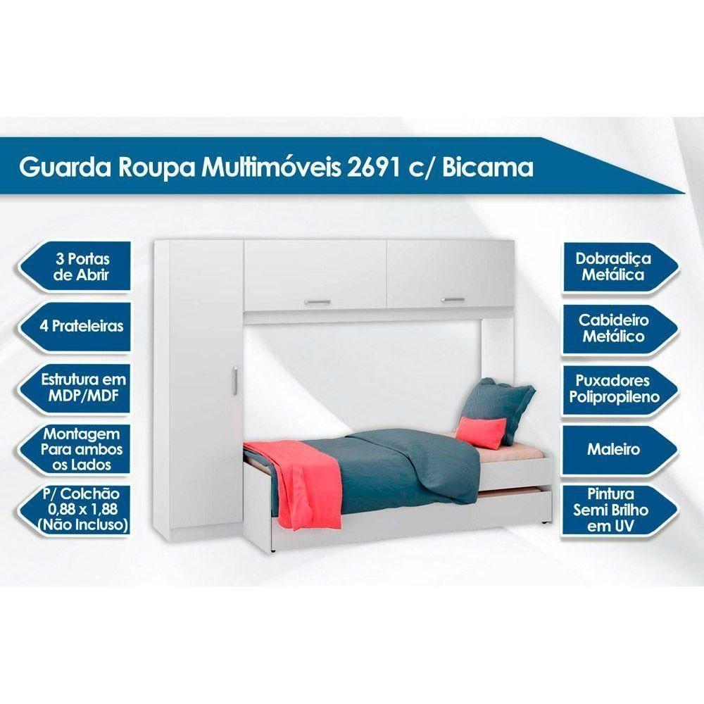 Guarda Roupa Solteiro Aéreo C/ Bicama 2691 Branco - Multimóveis - 3