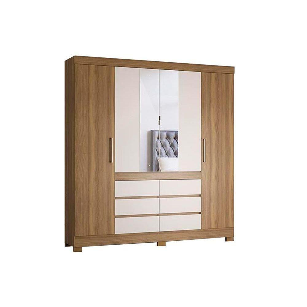 Guarda Roupa 4 Portas  e 6 Gavetas c/ Espelho Cádis Amêndola/Off White - Demóbile - 1