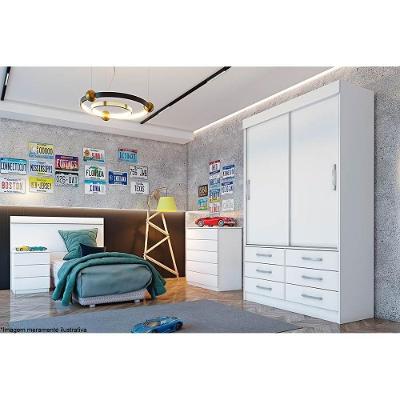 Guarda Roupa Solteiro Chicago 2 Portas de Correr 6 Gavetas Branco-Neve MDF-MDP