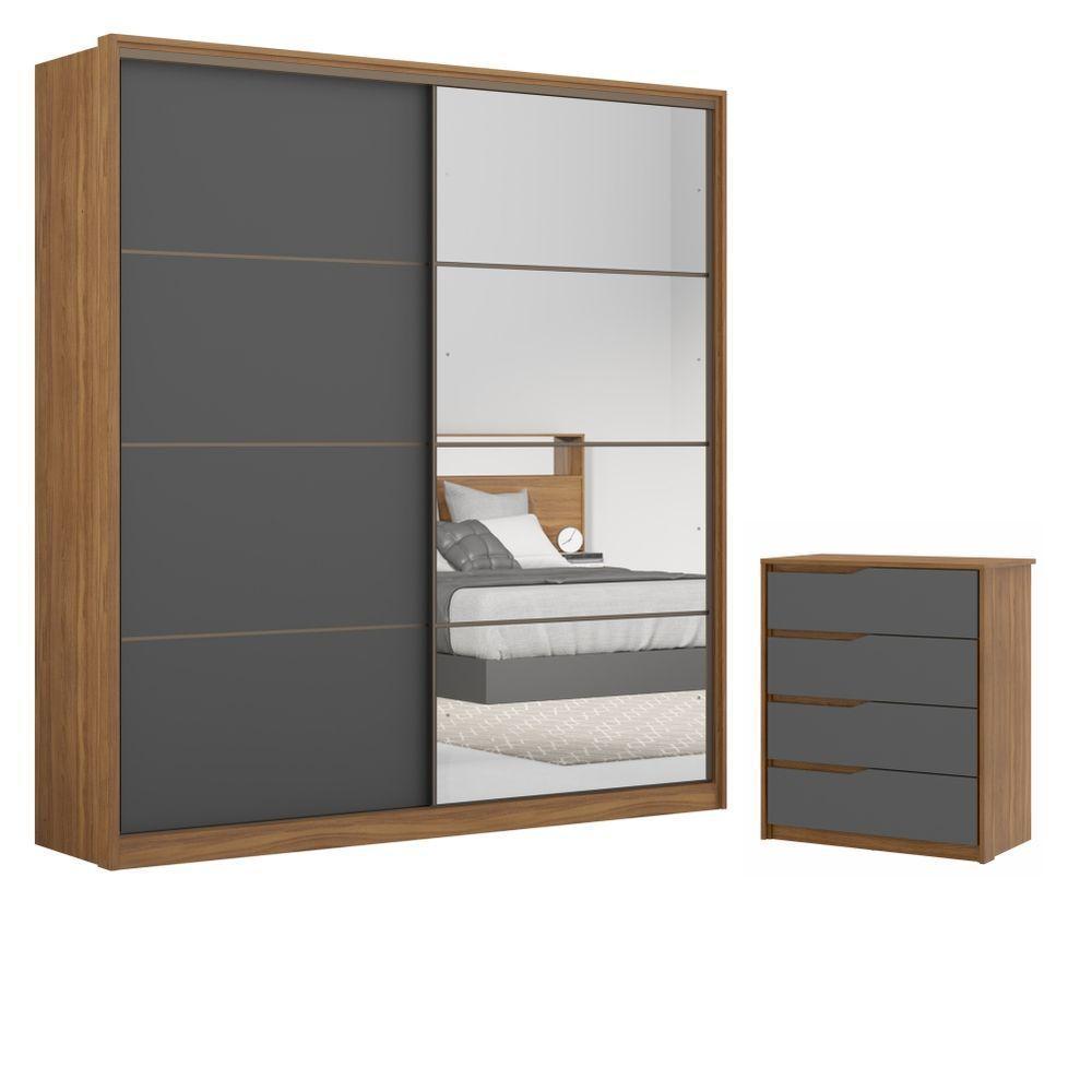 Conjunto Quarto Guarda Roupa Com Espelho E Comoda Napolis Amendola Grafito - 1