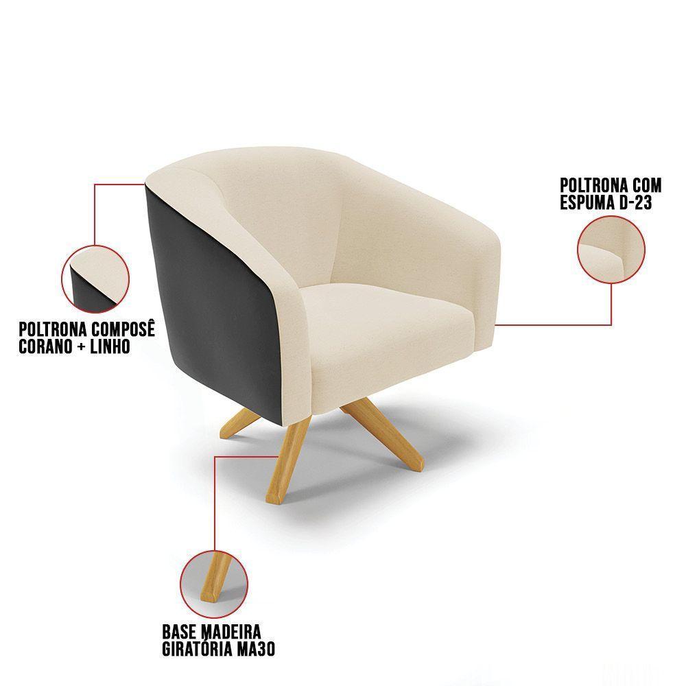 Kit 02 Poltronas Corano Preto Com Linho Bege A19 - 3