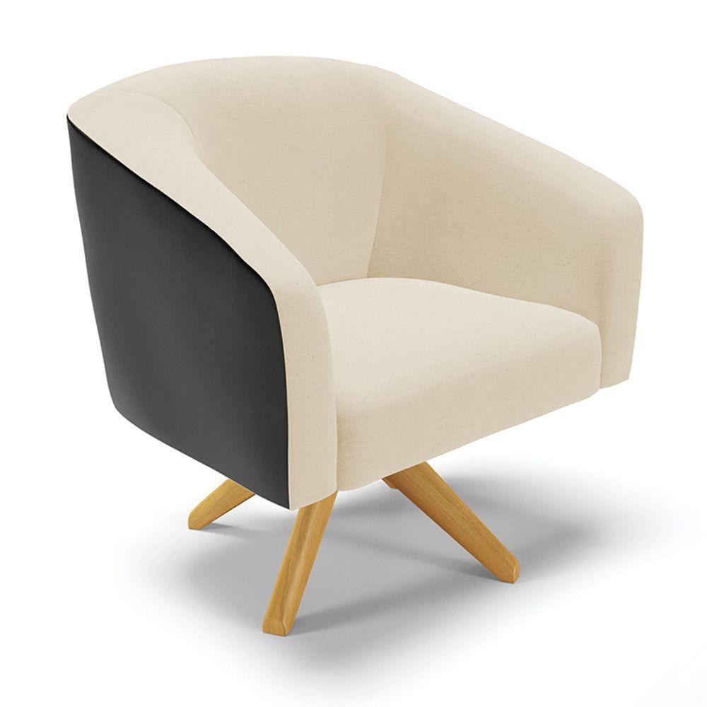 Poltrona Giratória Stella Corano Preto Com Linho Bege A19 - 1