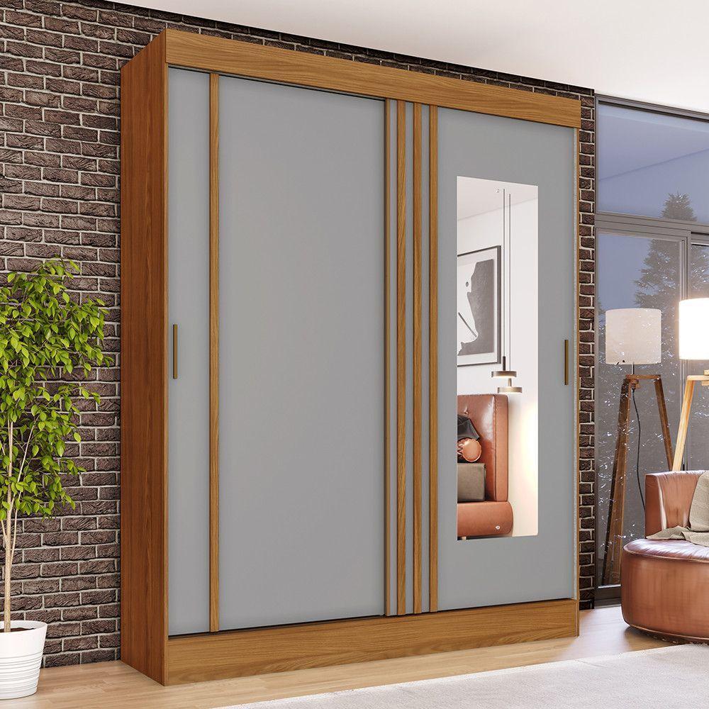 Guarda Roupa Solteiro 2 Portas Com Espelho 2 Gavetas Marcel Casa 812 Nature Com Cinza - 2