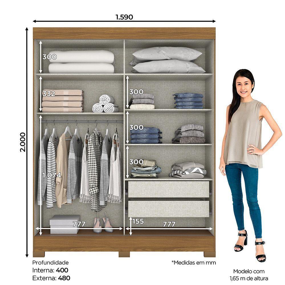 Guarda Roupa Solteiro 2 Portas Com Espelho 2 Gavetas Marcel Casa 812 Nature Com Cinza - 5