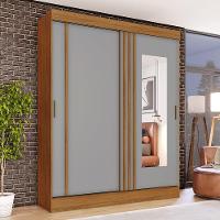 Guarda Roupa Solteiro 2 Portas Com Espelho 2 Gavetas Marcel Casa 812 Nature Com Cinza - 1