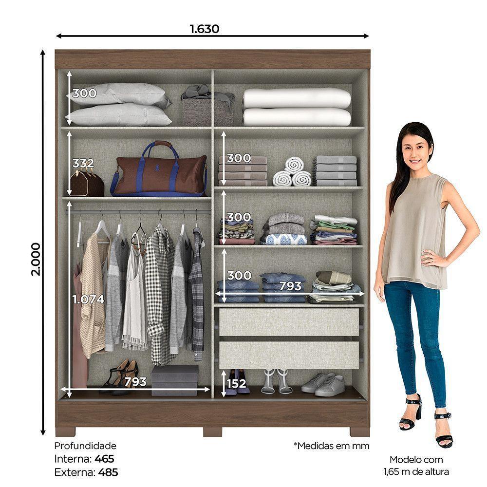 Guarda Roupa Solteiro Com Espelho 2 Portas 2 Gavetas Jackie Casa 812 Castanho Com Off White - 4