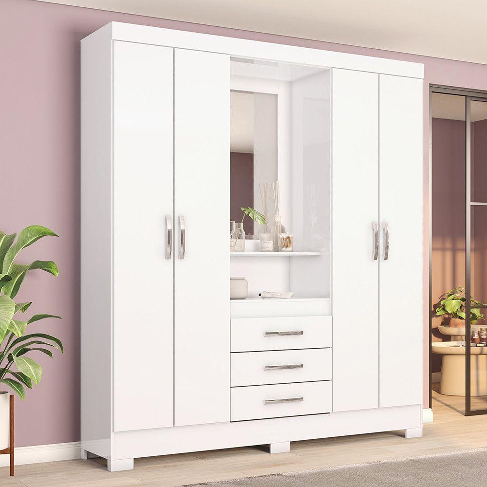 Guarda Roupa Casal 4 Portas Com Espelho 3 Gavetas Ryan Casa 812 Branco Ou Branco Com Rosa Chá - 1