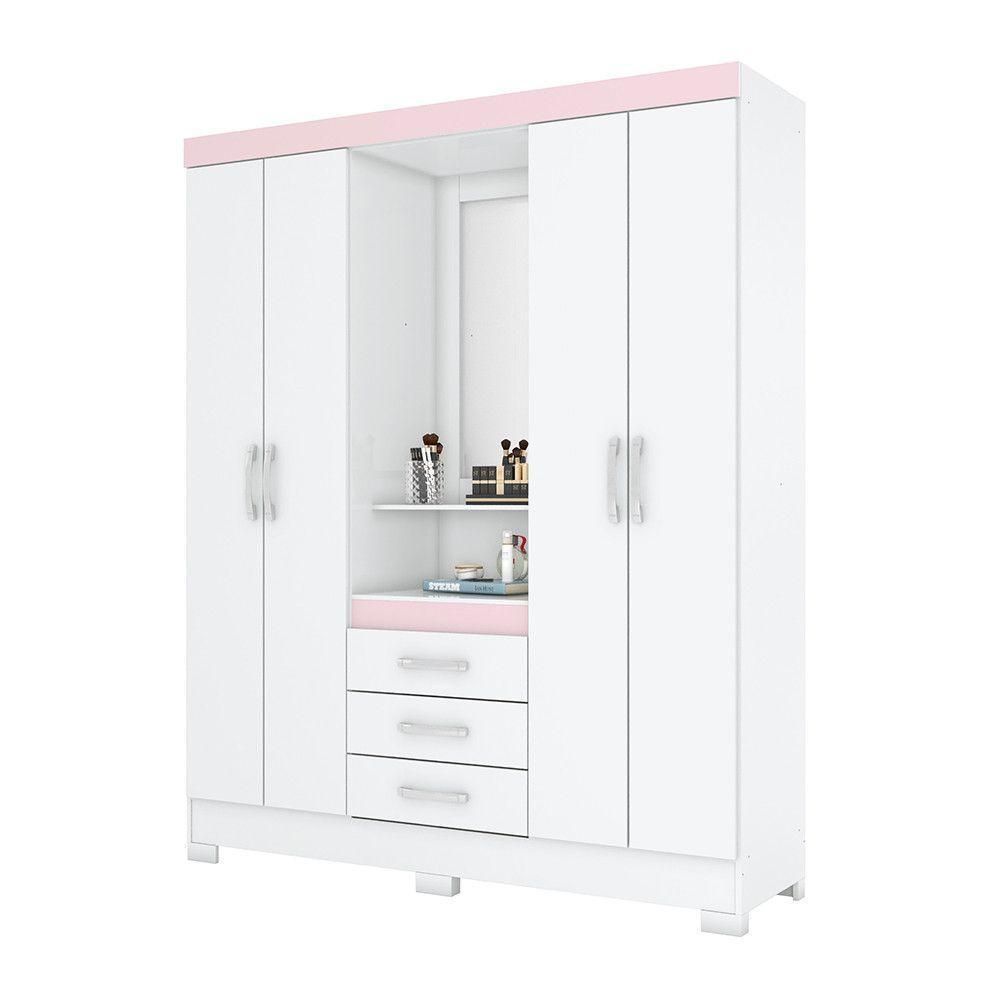 Guarda Roupa Casal 4 Portas Com Espelho 3 Gavetas Ryan Casa 812 Branco Ou Branco Com Rosa Chá - 9
