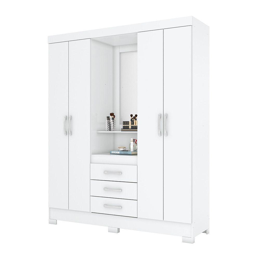 Guarda Roupa Casal 4 Portas Com Espelho 3 Gavetas Ryan Casa 812 Branco Ou Branco Com Rosa Chá - 10