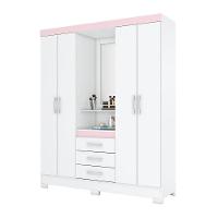 Guarda Roupa Casal 4 Portas Com Espelho 3 Gavetas Ryan Casa 812 Branco Ou Branco Com Rosa Chá