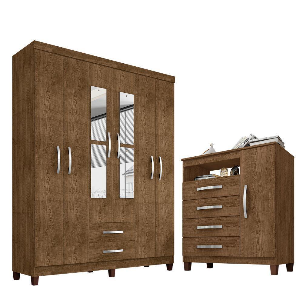 Kit Guarda Roupa Casal 6 Portas 2 Gavetas Com Espelho E Cômoda Sapateira 1 Porta 4 Gavetas Malbec - 1