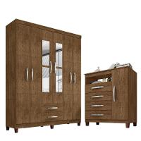 Kit Guarda Roupa Casal 6 Portas 2 Gavetas Com Espelho E Cômoda Sapateira 1 Porta 4 Gavetas Malbec - 1