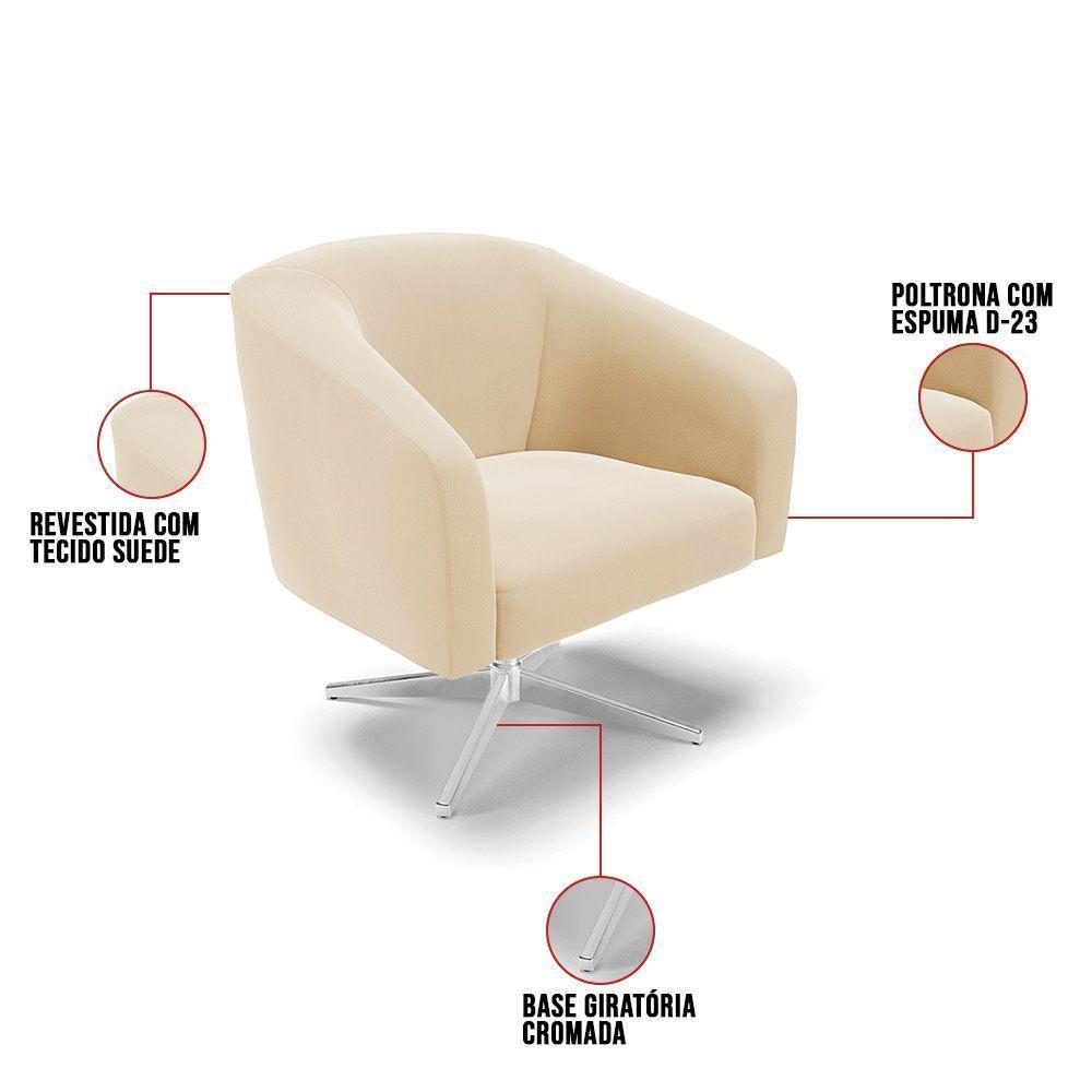 Poltrona Giratória Stella Suede Base Cromada Bege - 3