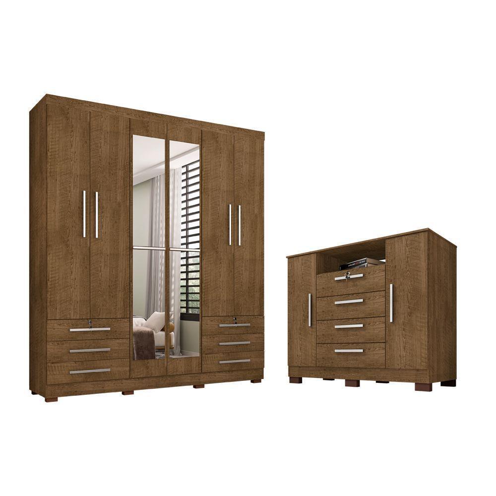 Guarda Roupa De Casal 6 Portas Com Espelho Londres E Cômoda 2 Portas E 4 Gavetas Malbec - 1