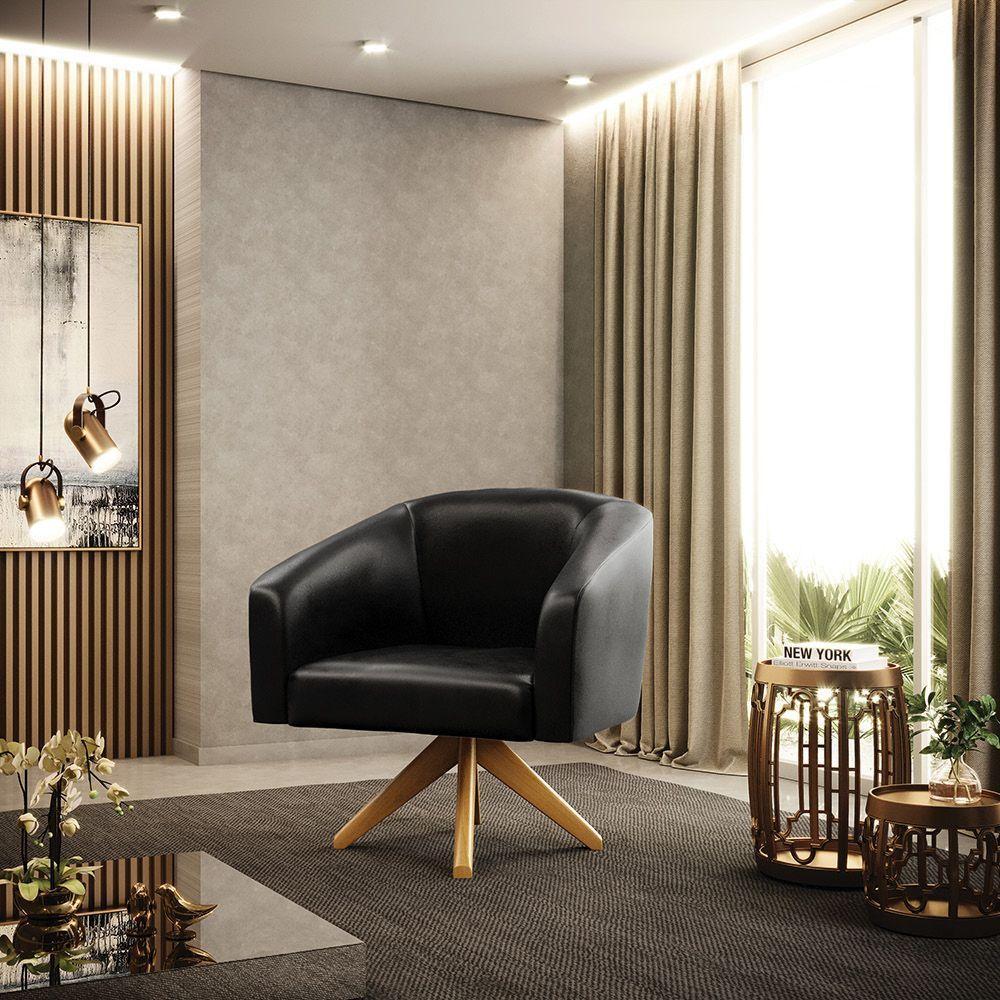 Poltrona Giratória Stella Corano Preto Base Madeira Ma30 - 8