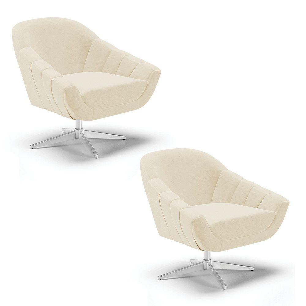 Kit 02 Poltronas Giratória Linho Base Cromada A05 Cinza - 1