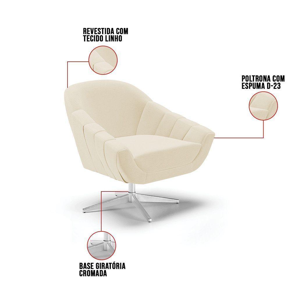 Kit 02 Poltronas Giratória Linho Base Cromada A05 Cinza - 3