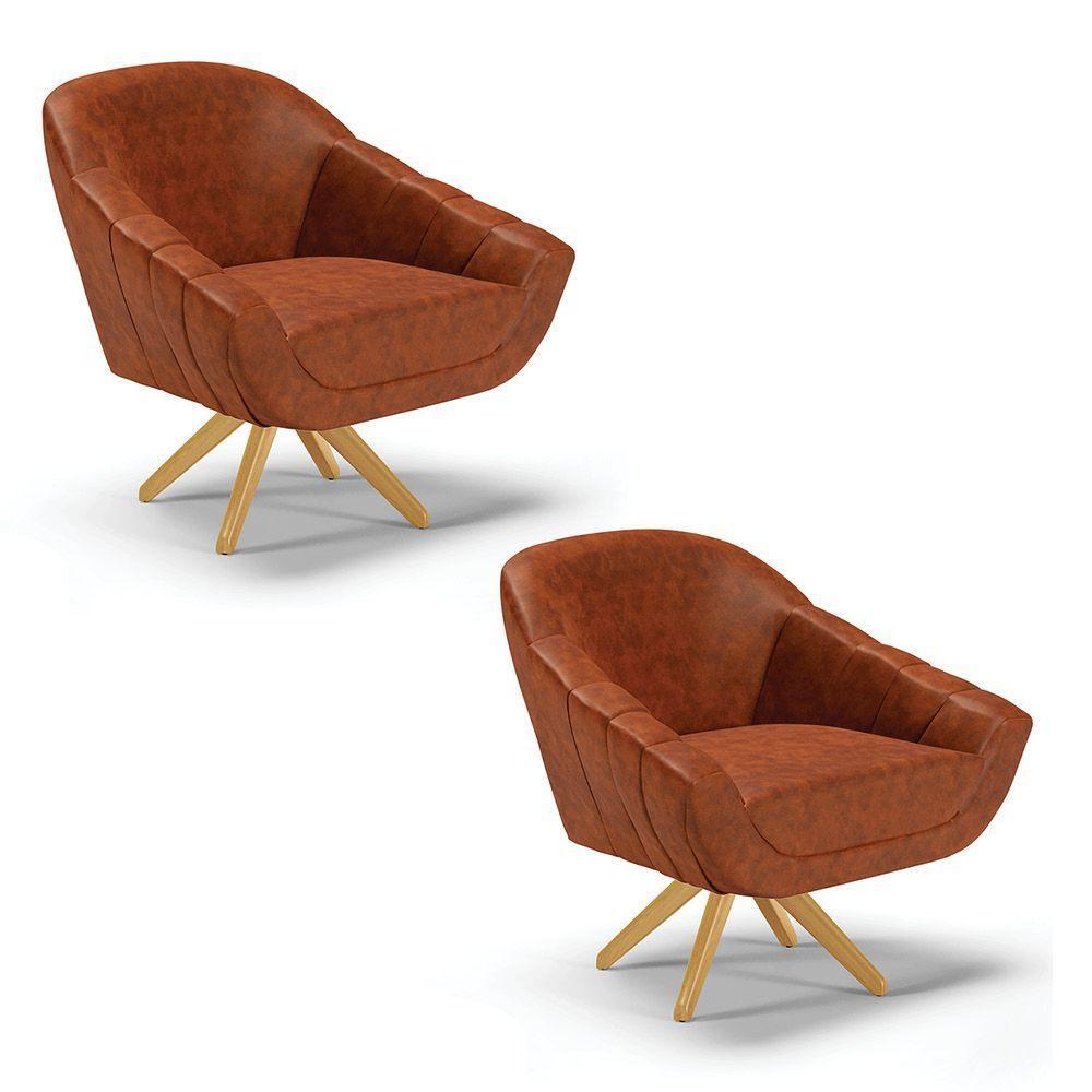 Kit 02 Poltronas Giratória Corano Base Madeira Ma30 Nozes - 1