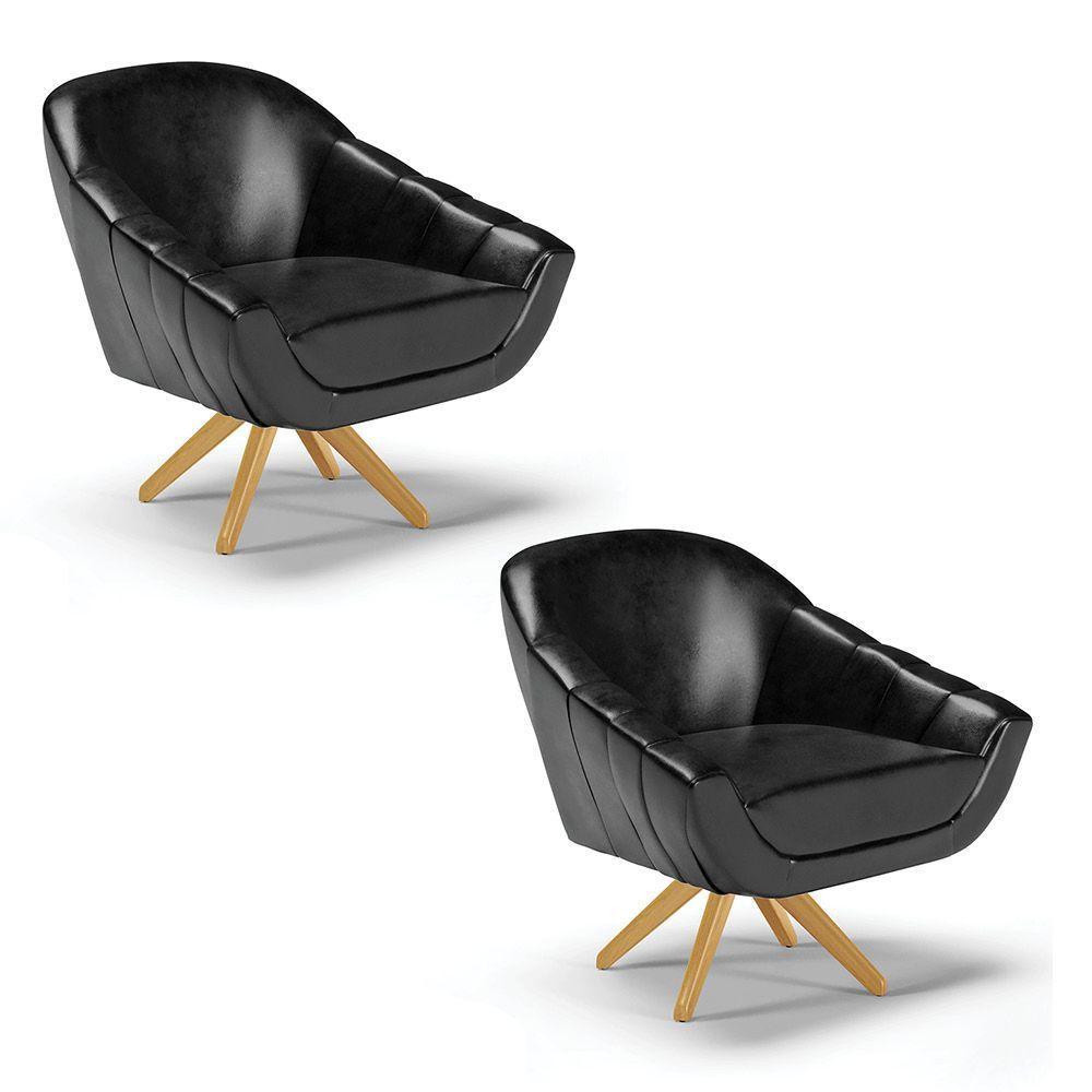 Kit 02 Poltronas Giratória Corano Base Madeira Ma30 Preto - 1
