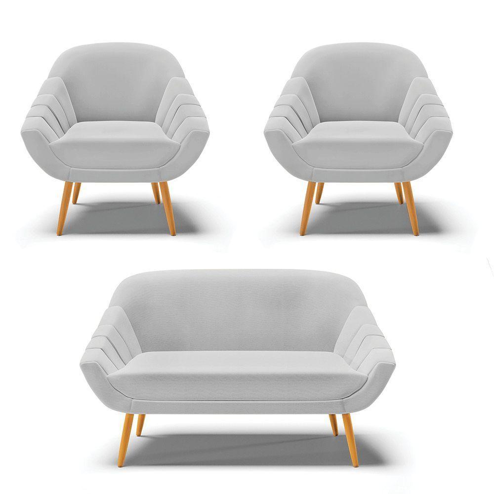 Kit 01 Namoradeira E 02 Poltronas Linho Cinza A05 Castanho - 1